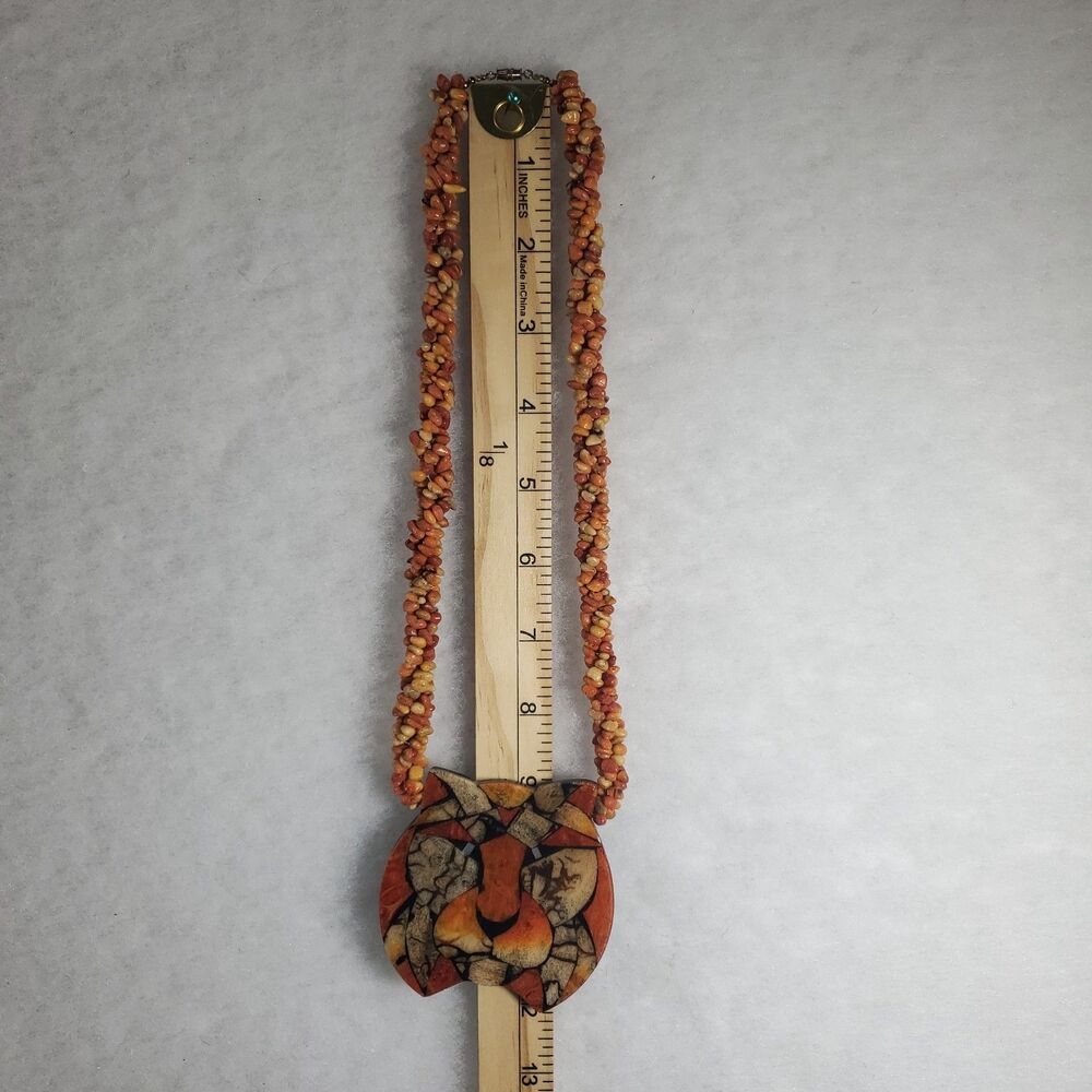 Vintage Lee Sands Inlaid Lion Pendant Statement Necklace Coral Orange 9" 22" - Picture 6 of 12